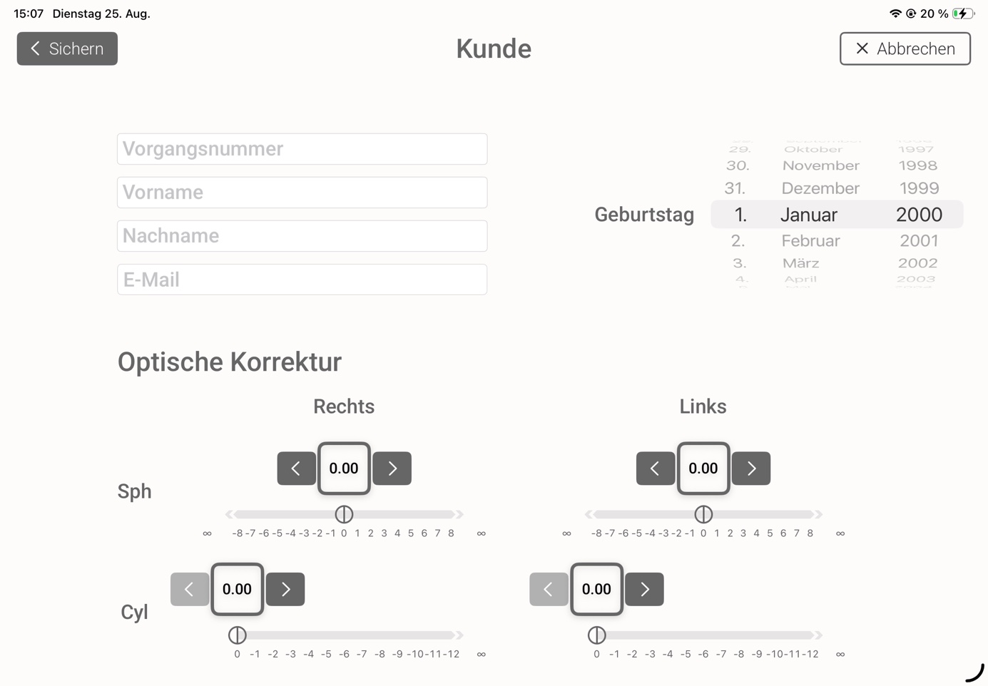 Kundenmaske mit Stammdaten und optischer Korrektur
